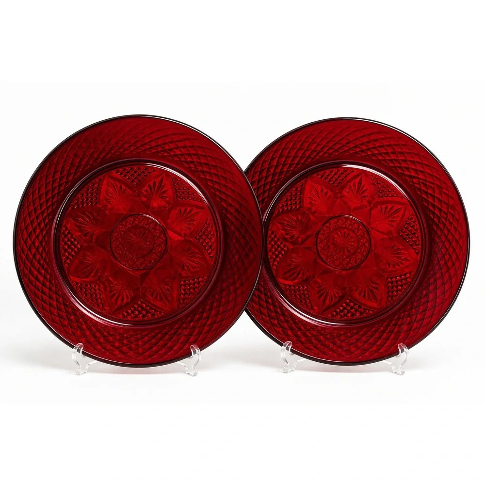 Cristal D'Arques-Durand Set of 2 Ruby Red Glass Plate Diamond & Star Pattern OS